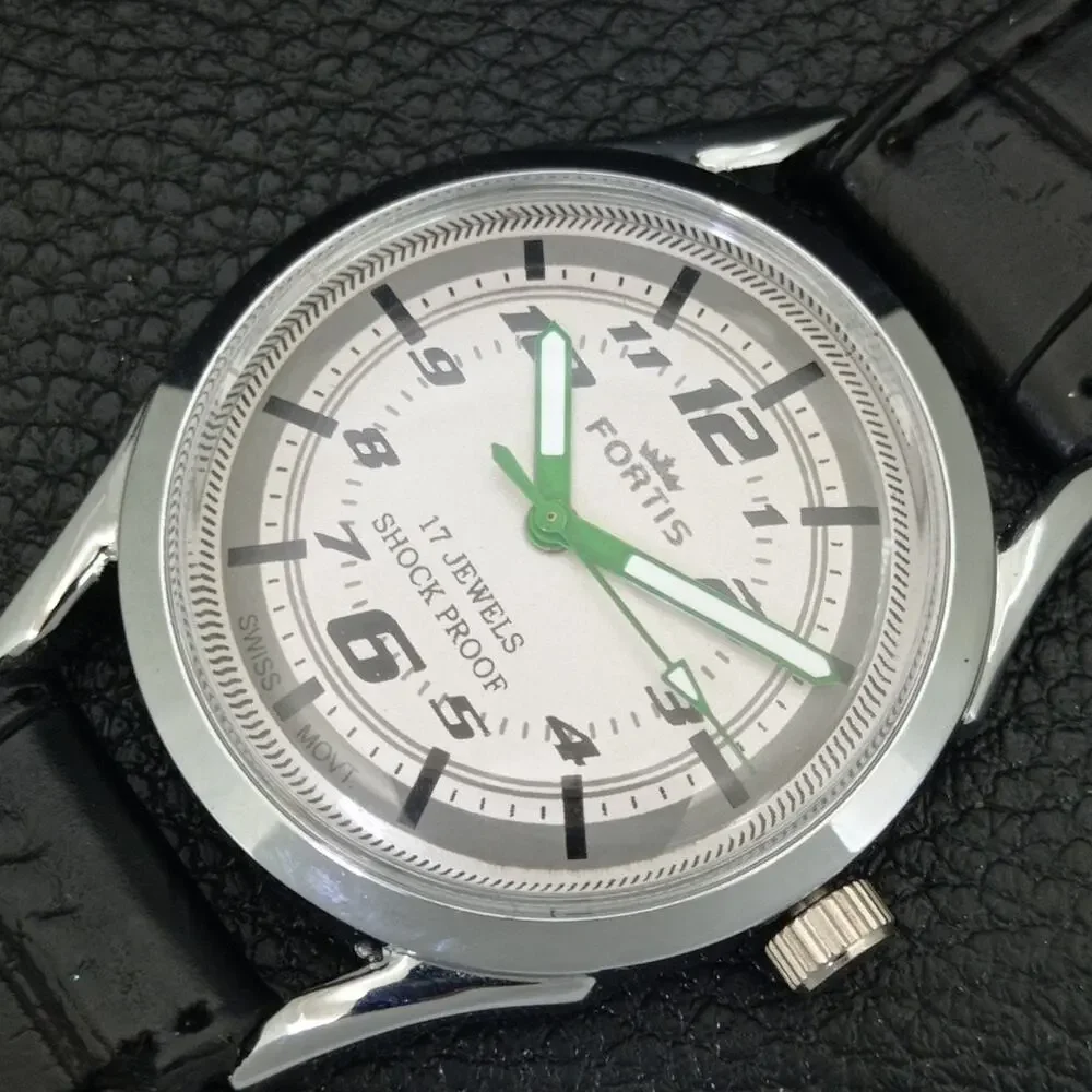Vintage 1975 Fortis Manual Mens Silver Watch W/Leather Strap & Green accents